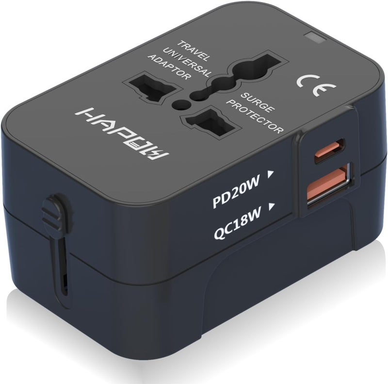 HAPOW Universal Travel Adapter - 1 USB-C & 1 USB-A Fast Charging Travel Charger, Worldwide Plug Adapter for EU UK USA AU, Black - Image 1